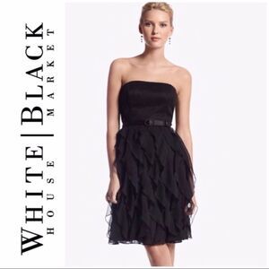 White House Black Market Strapless Ruffle Black Ruffle Dress Excellent S…